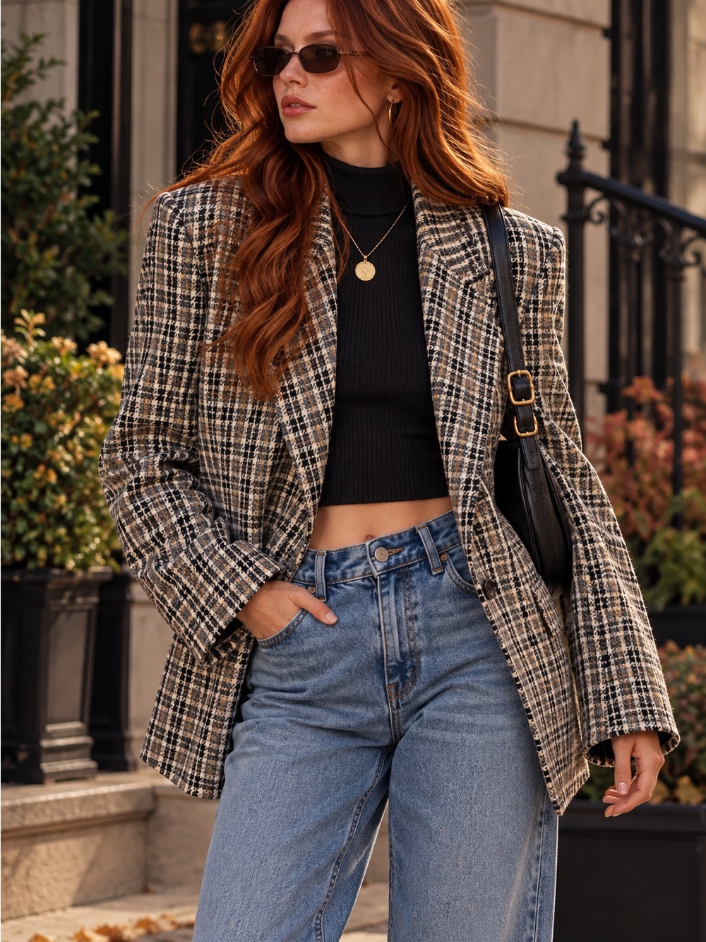 Vintage Sag Harbor Plaid Wool Blazer Women’s 12 Y2K Oversized Shoulder Pads
